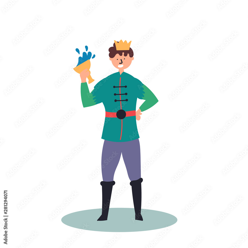 Fantastic character prince with a glass in his hand. Fairy tales. Editable Vector Illustration