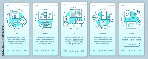 Online shopping onboarding mobile app page screen with linear concepts. Call, select, pay, receive, enjoy. Steps graphic instructions. UX, UI, GUI vector template with illustrations