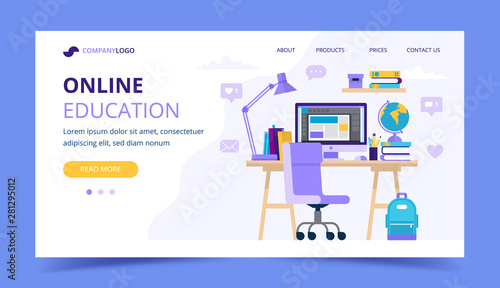 Online education landing page with a student desk with different studying items. Vector illustration in flat style