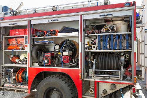 Part of equipment of a firetruck: hoses and syringe of a water cannon