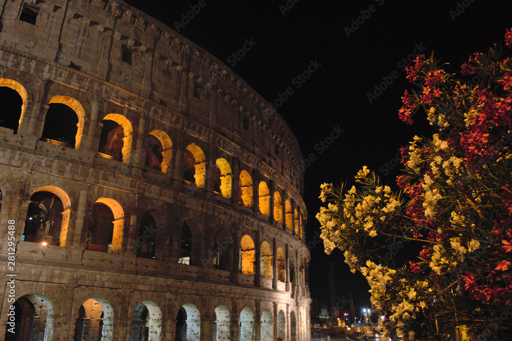Colosseum at night with flower bushes