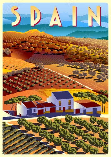 Summer day in Spain with ranches, vineyards, olive groves, fields and hills in the background. Handmade drawing vector illustration. Poster in the Art Deco style.