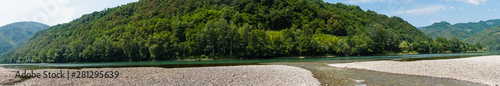 Confluence of two mountain rivers, river Drina and mountain spring 5-1 big panorama take