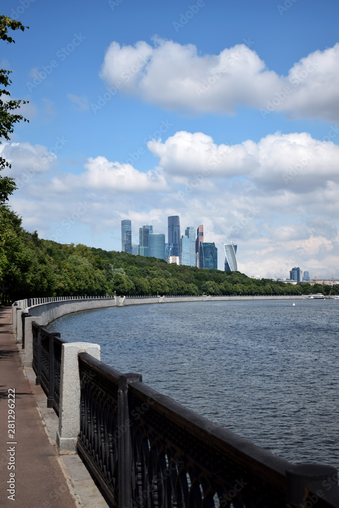 Moscow, Russia - July 8, 2019: The view of the Moscow International Business Center skyscrapers and cloudy sky from the Vorobyevskaya embankment	