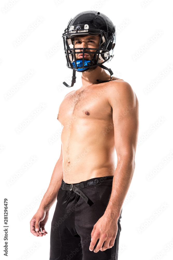 shirtless American Football player in helmet Isolated On White
