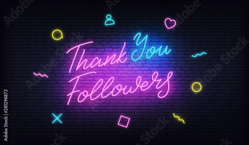 Thank You Followers neon. Social media template for thanks followers milestone. Congratulation card