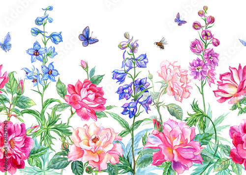 Seamless border of summer flowers  roses and delphinium with flying butterflies on a white background  watercolor illustration  print for fabric and other designs.