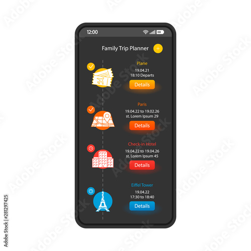 Family trip planner smartphone interface template. Travel advisor mobile page layout. Vacation itinerary screen. Route planning, hotel, tickets booking service. Application flat UI. Phone display