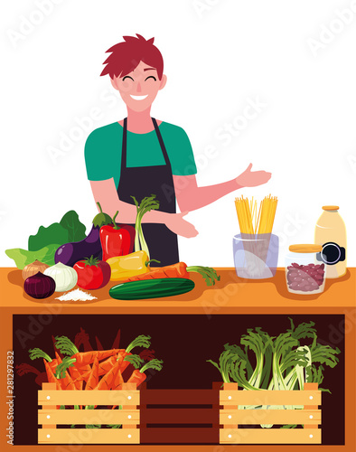seller man farm products stand