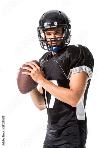 American Football player holding ball Isolated On White