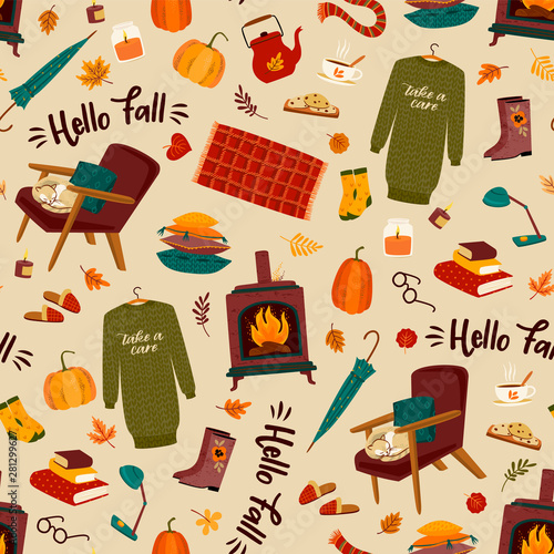 Autumn seamless pattern with homely cute things. Vector design