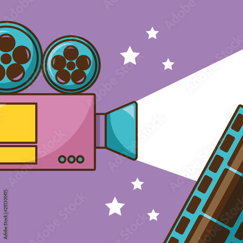 Cinema videocamera over purple background design