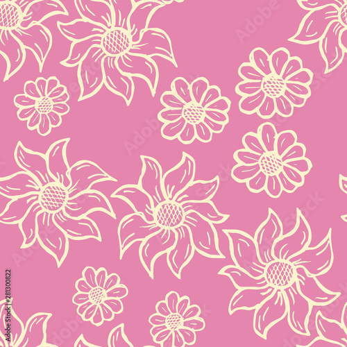 Floral seamless pattern with hand drawn roses. White flowers on pink background.