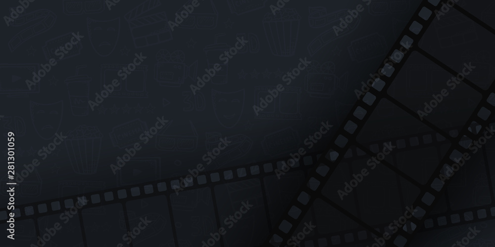 Collection film strip frame on hand draw doodle background. Old cinema banner with stripe roll.