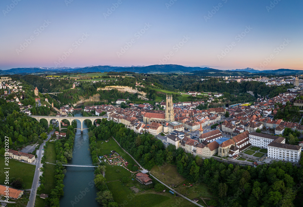 Aerial view of the sunset over Fribourg old town in Switzerland