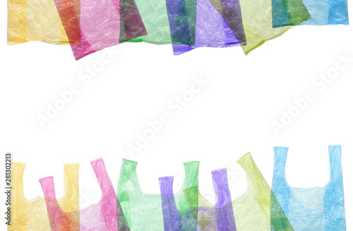 Colored plastic bags isolated against a white background. Environmental pollution by disposable bags, recycling. Frame.