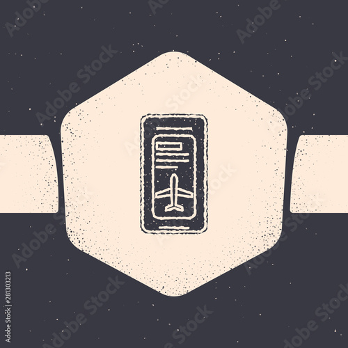 Grunge Smartphone with electronic boarding pass airline ticket icon isolated on grey background. Passenger plane mobile ticket for web and app. Monochrome vintage drawing. Vector Illustration