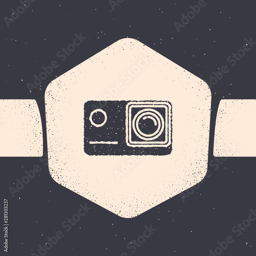 Grunge Action extreme camera icon isolated on grey background. Video camera equipment for filming extreme sports. Monochrome vintage drawing. Vector Illustration