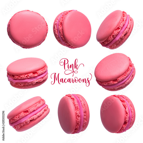 Set of pink french macarons cakes isolated on white background