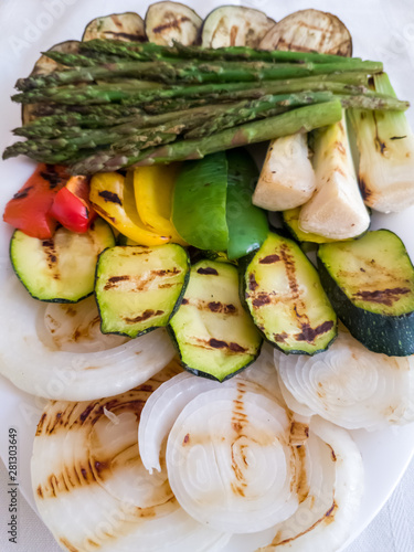 Grilled vegetables: eggplant, leek, three-color peppers, asparagus, zucchini and onion