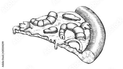 Seafood Italian Slice Pizza Hand Drawn Vector. Cooked Slice Cheese Pizza With Ingredients Shrimp Prawn And Mussels, Onion And Leaves Parsley Concept. Designed Restaurant Food Monochrome Illustration