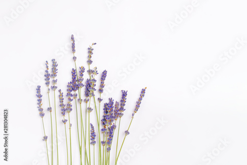 Photography bouquet of violet lilac purple lavender flowers arranged on white table background