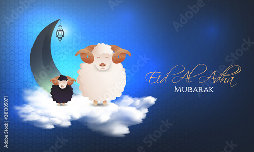 vector illustration. Muslim holiday Eid al-Adha. the sacrifice a ram or white and black sheep. graphic design decoration kurban bayrami. month lamb and a lamp.Translation from Arabic: Eid al-Adha