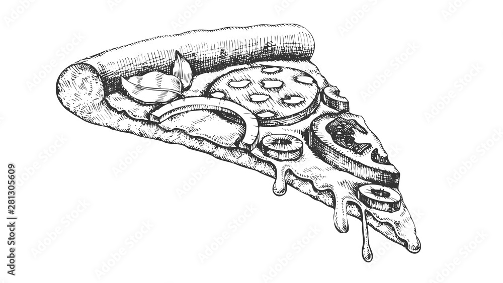 Fototapeta Pyszny włoski kawałek pizzy ręcznie rysowane wektor. Gotująca Plasterka Serowa Pizza Z Składników Pepperoni Kiełbasą I Pomidoru, Cebuli I Oliwek Pojęciem ,. Zaprojektowana Monochromatyczna Ilustracja Żywności Restauracji