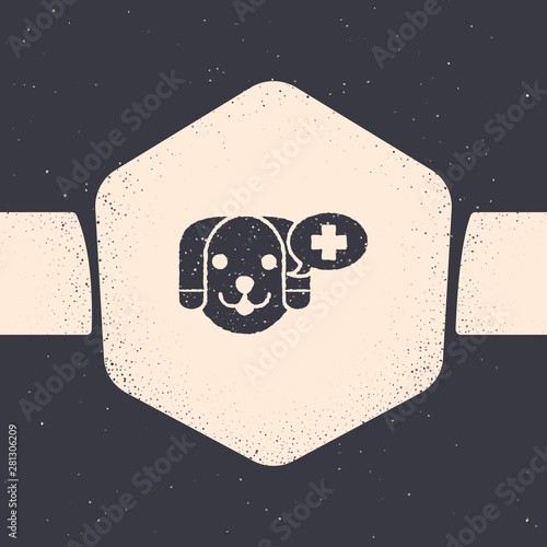 Grunge Veterinary clinic symbol icon isolated on grey background. Cross with dog veterinary care. Pet First Aid sign. Monochrome vintage drawing. Vector Illustration
