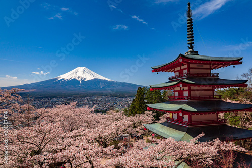 Chureito Pagoda and Mt. Fuji in the spring time with cherry blossoms at Fujiyoshida, Japan.