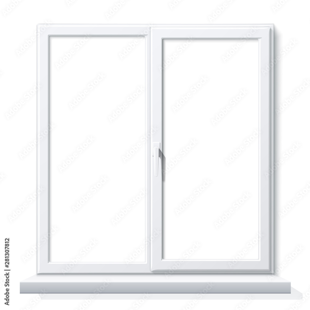 Realistic white window mockup. PVC window for modern room insterior design. Blank glass construction with sill. Residential building vector window. Realistic white window mockup. PVC window for modern room insterior design. Blank glass construction with sill. Residential building vector window.