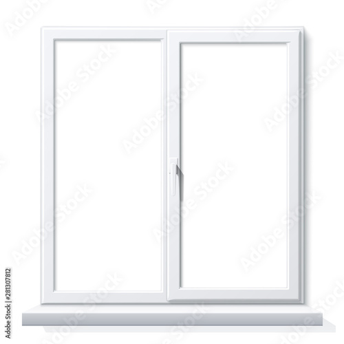 Realistic white window mockup. PVC window for modern room insterior design. Blank glass construction with sill. Residential building vector window.