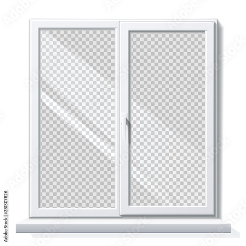 Realistic white window mockup. PVC window for modern room insterior design. Blank glass construction with sill on transparent background. Residential building vector window.