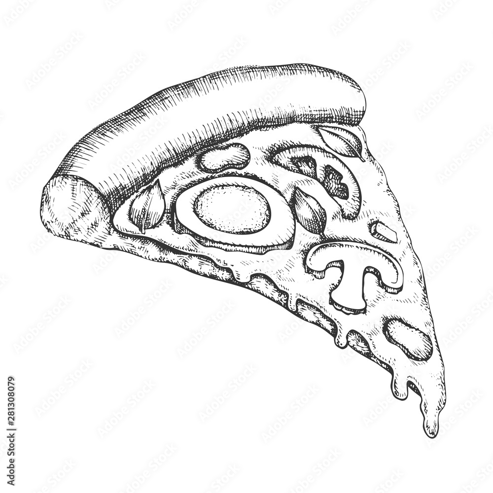 Vegetarian Italian Slice Pizza Vintage Vector Cooked Slice Cheese Pizza With Ingredients Mushrooms And Eggs Tomatoes And Basil Leaves Concept Designed Pizzeria Food Monochrome Illustration Stock ベクター Adobe Stock