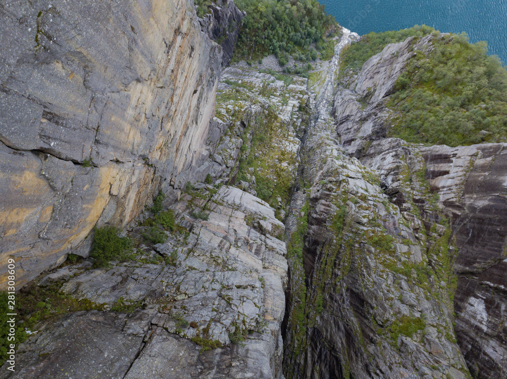 View down from preikestulen pulpit rock, Norway. Drone shot. July 2019