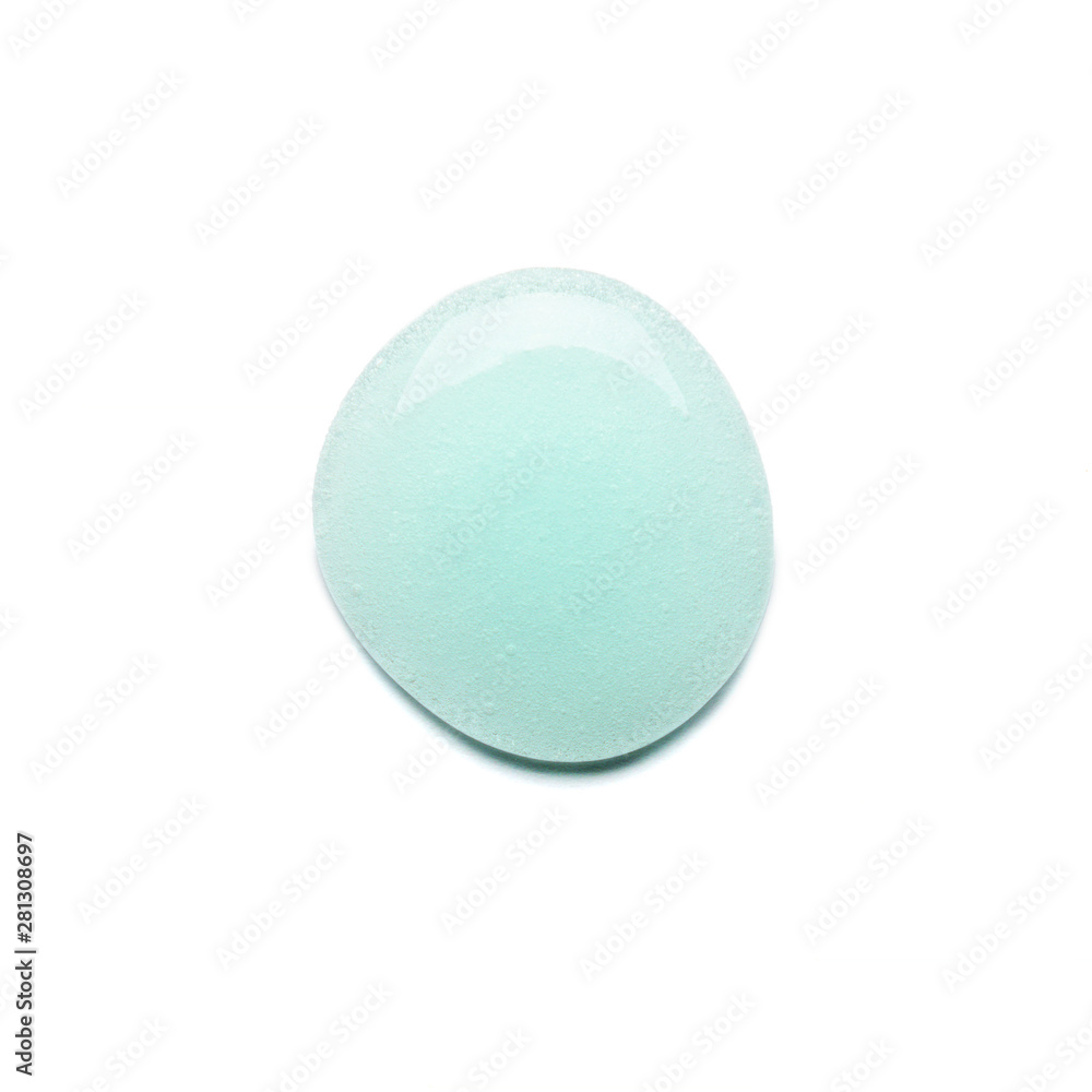 A drop of blue gel for washing your face with bubbles. Isolated on a white background. Cosmetic texture, face and body care.