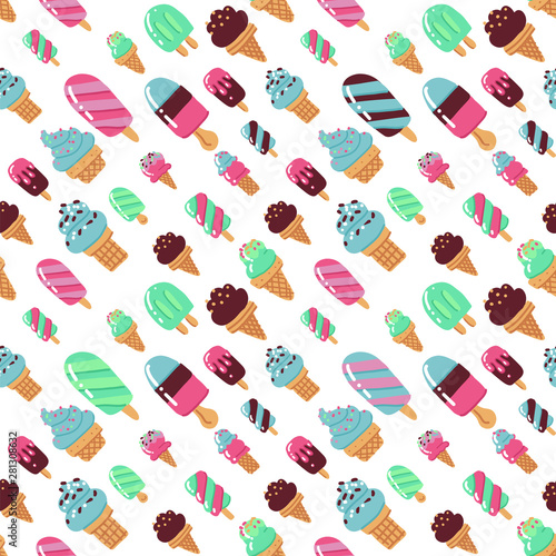 Vector trendy seamless pattern with many sorts of ice cream. Modern summer fashion print background. Hand drawn Childish flat bright vector illustration.