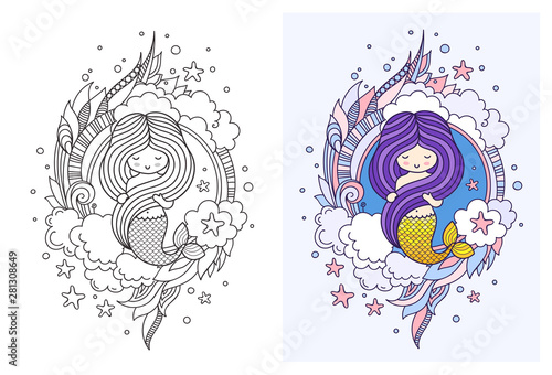 Gorgeous mermaid with dark violet hair. Doodle style. Print, poster, postcard, banner, vector illustration.