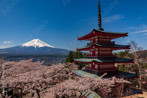Chureito Pagoda and Mt. Fuji in the spring time with cherry blossoms at Fujiyoshida  Japan.