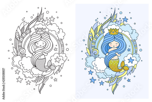 Queen mermaid with gorgeous blue hair, surrounded by fantasy clouds, plants, seaweed and starfish. Page for adult coloring book, print, poster, postcard. Vector illustration.