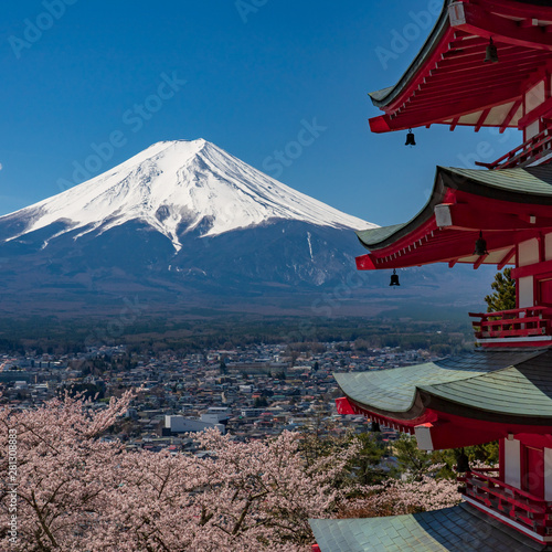 Chureito Pagoda and Mt. Fuji in the spring time with cherry blossoms at Fujiyoshida  Japan.