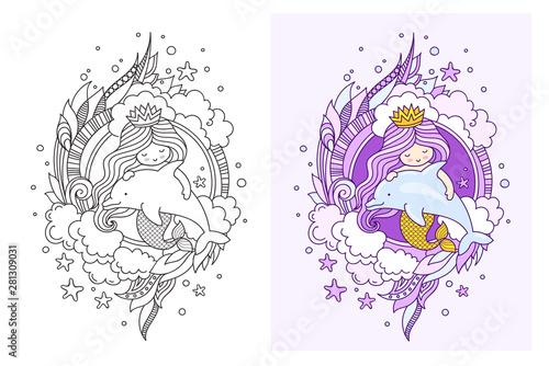 Lovely princess mermaid with dolphin. Page for coloring book. Colorful doodle vector illustration.
