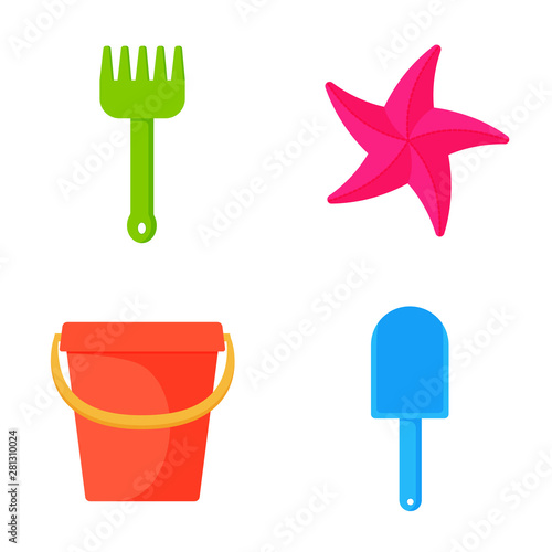 Child pail, shovel and rake colorful icons. Toys for sandbox and Beach. Children summer games. Vector illustration