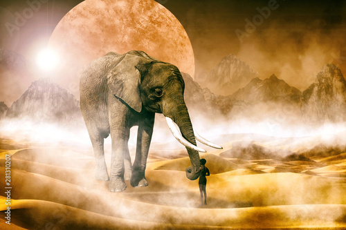 Elephant and man in the middle of a fantastic desert