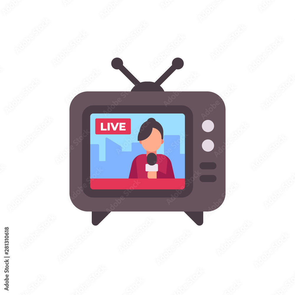 TV set with live news on screen flat icon TV set with live news on screen flat icon