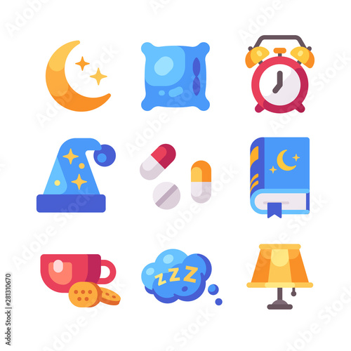 Set of flat sleep icons. Moon, pillow, alarm clock, pills, tea, lamp, book and sleeping cap