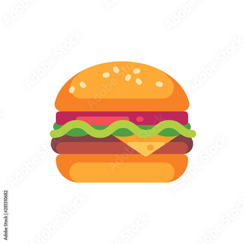 Tasty burger with cheese and salad flat icon