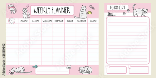 Weekly planner template and to do list with different cute cats,adorable pets,