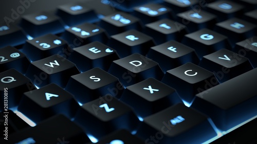 Backlit keyboard close up. Black keys with illuminated characters. photo