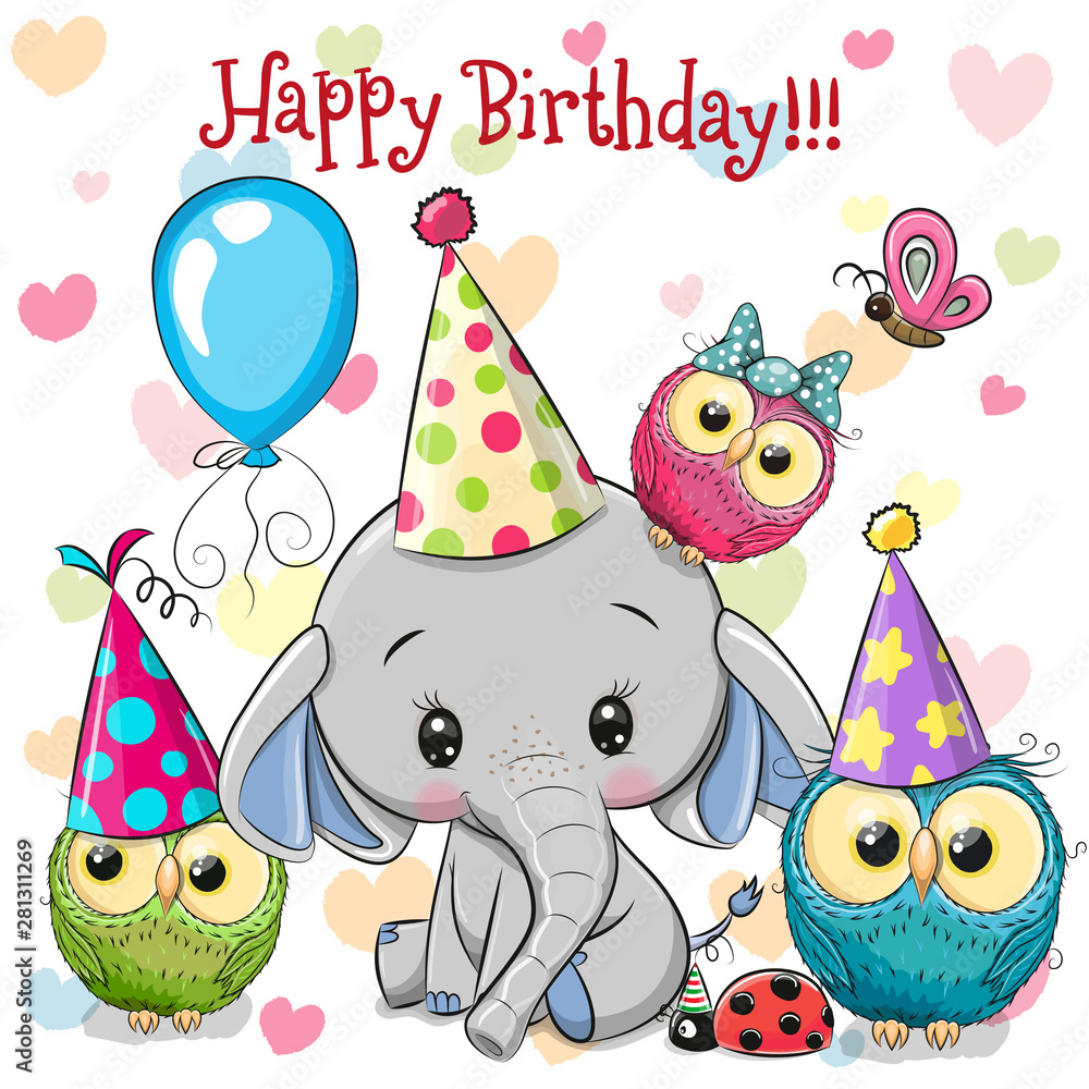 Naklejka Cute Elephant and owls with balloon and bonnets